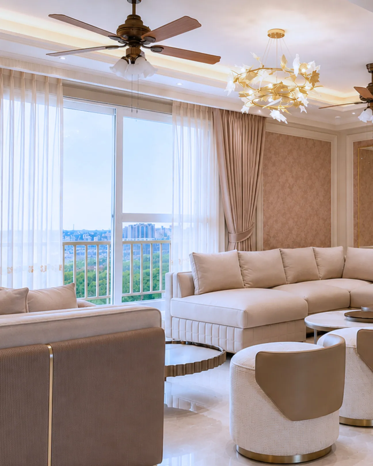 Completed luxury living room interior with balcony view by NeeV InteriorS, Gurugram